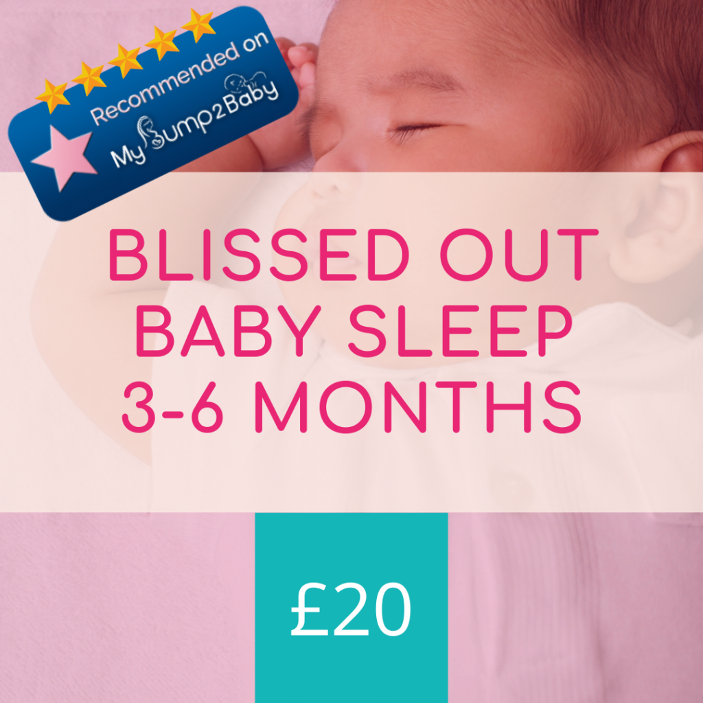 Image of sleeping baby with text overlay: Blissed Out Baby Sleep Course for babies aged 3-6 Months £20