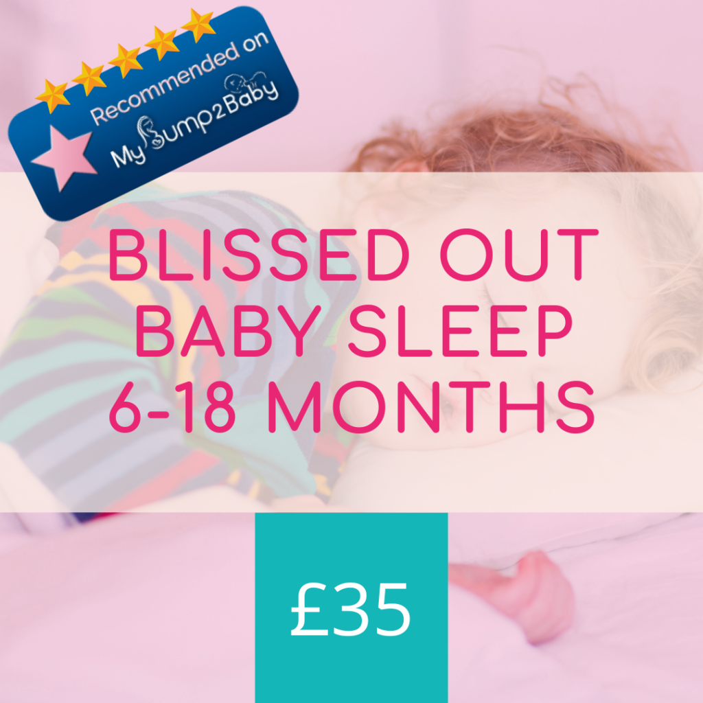 Image of sleeping baby with text overlay: Blissed Out Baby Sleep Course for babies aged 6-18 Months £35